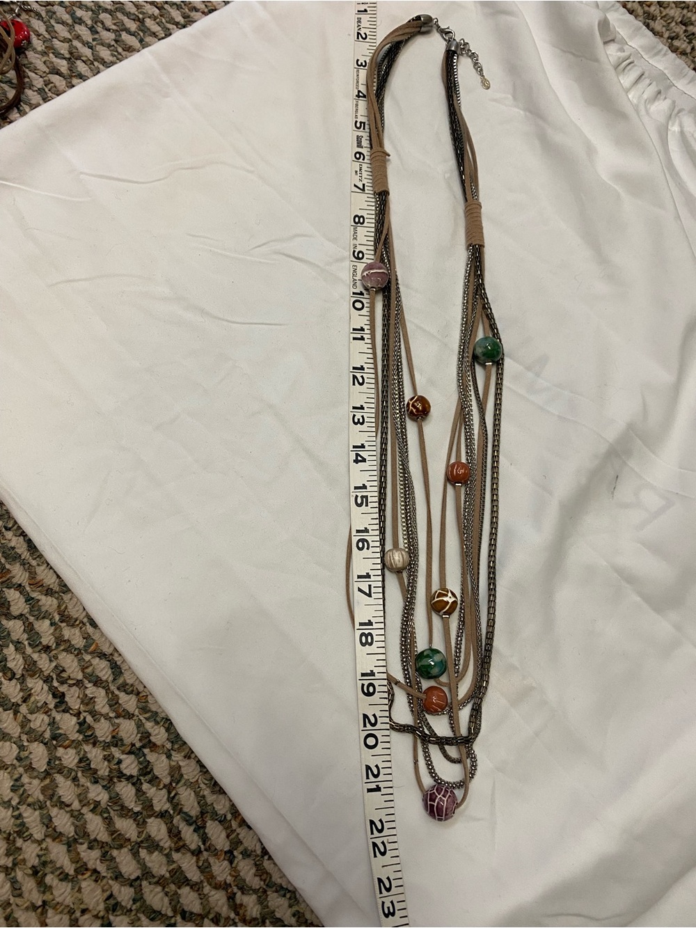 Multi-Strand Beaded Necklace in Tan with Green and Rust Accents
